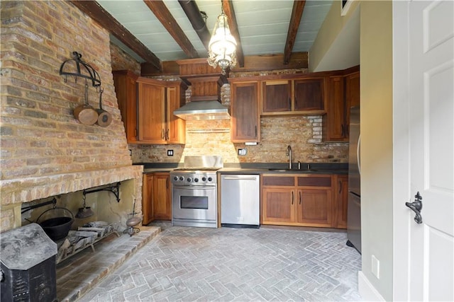 101921 Saint Peter St, New Orleans, LA 70116 - kitchen with stainless steel appliances, custom range hood, tasteful backsplash, brown cabinets, and a wooden ceiling with exposed beams