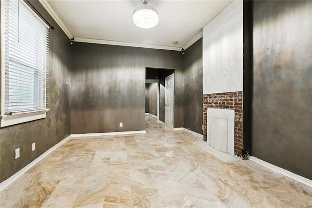 264951 Bruxelles St, New Orleans, LA 70119 - unfurnished room featuring ornamental molding and a brick fireplace