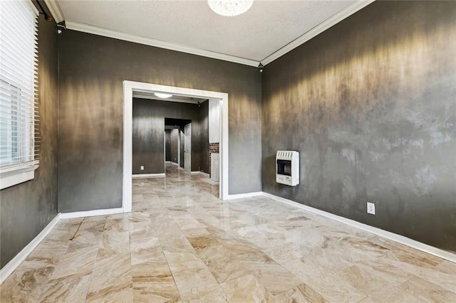 264951 Bruxelles St, New Orleans, LA 70119 - spare room with ornamental molding, heating unit, and a textured ceiling