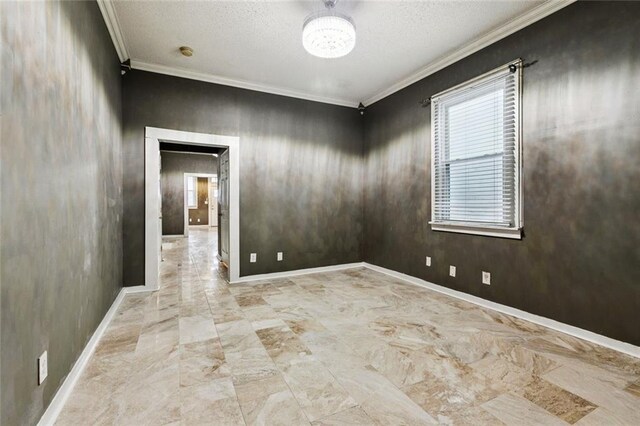 264951 Bruxelles St, New Orleans, LA 70119 - unfurnished room with ornamental molding, a chandelier, marble finish floors, and a textured ceiling