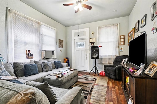 264951 Bruxelles St, New Orleans, LA 70119 - living room with dark wood-style flooring, cooling unit, and a ceiling fan