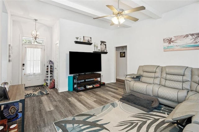 1383 Cherry St, Slidell, LA 70460 - living area with wood finished floors, ceiling fan, a chandelier, and beamed ceiling