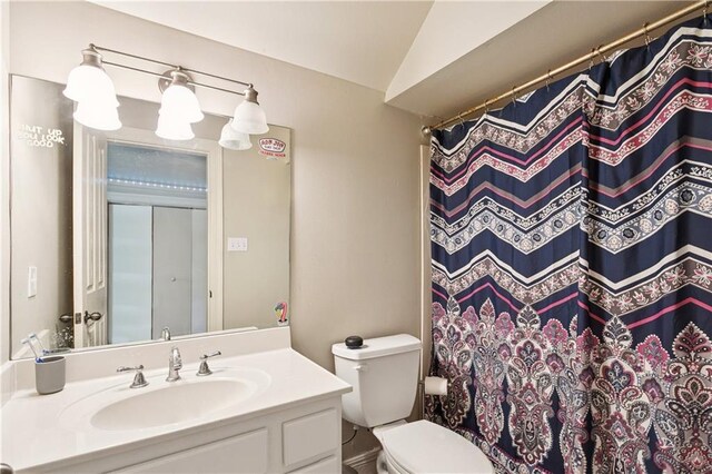 24 Minter Dr, Mandeville, LA 70471 - bathroom with vanity, vaulted ceiling, and a shower with curtain