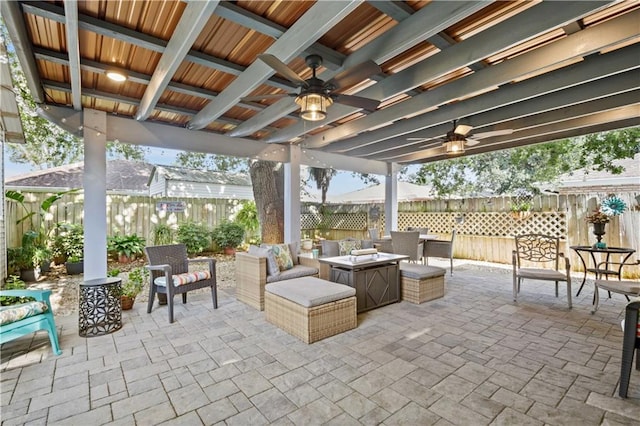 4412 Clearlake Dr, Metairie, LA 70006 - fenced backyard featuring a ceiling fan, a patio area, and an outdoor living space
