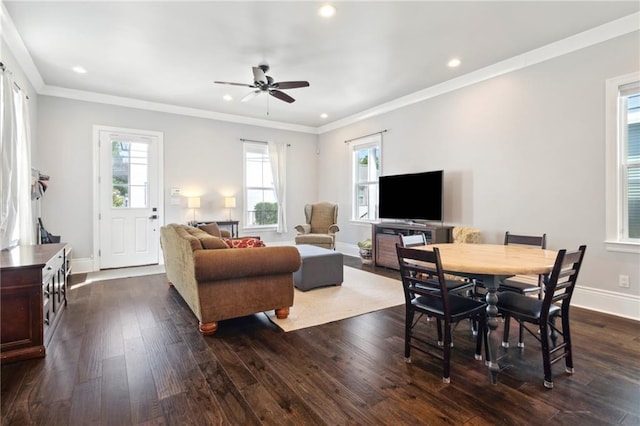 2909 Amelia St, New Orleans, LA 70115 - living area featuring ceiling fan, dark wood-style flooring, healthy amount of natural light, recessed lighting, and ornamental molding