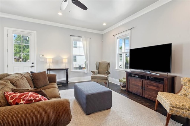 2909 Amelia St, New Orleans, LA 70115 - living area featuring plenty of natural light, a ceiling fan, wood finished floors, crown molding, and recessed lighting