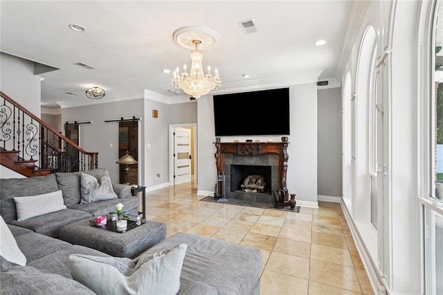299 Sarah Victoria Dr, Belle Chasse, LA 70037 - living area with recessed lighting, stairway, a chandelier, crown molding, and a tiled fireplace