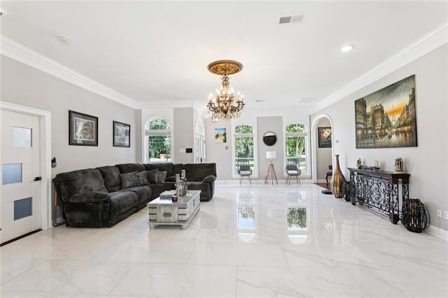 299 Sarah Victoria Dr, Belle Chasse, LA 70037 - living room featuring marble tiled flooring, ornamental molding, a chandelier, arched walkways, and recessed lighting