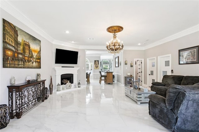 299 Sarah Victoria Dr, Belle Chasse, LA 70037 - living area featuring light marble finish floors, crown molding, a chandelier, recessed lighting, and a fireplace with raised hearth