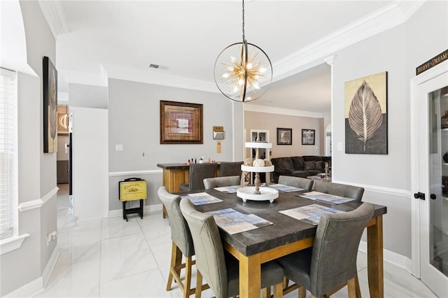299 Sarah Victoria Dr, Belle Chasse, LA 70037 - dining space with a chandelier, light marble finish floors, and ornamental molding