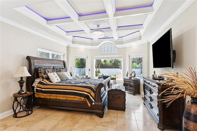 299 Sarah Victoria Dr, Belle Chasse, LA 70037 - bedroom with multiple windows, coffered ceiling, beamed ceiling, ornamental molding, and light tile patterned flooring