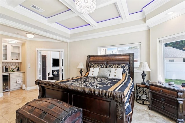 299 Sarah Victoria Dr, Belle Chasse, LA 70037 - bedroom with wine cooler, coffered ceiling, crown molding, beam ceiling, and a chandelier