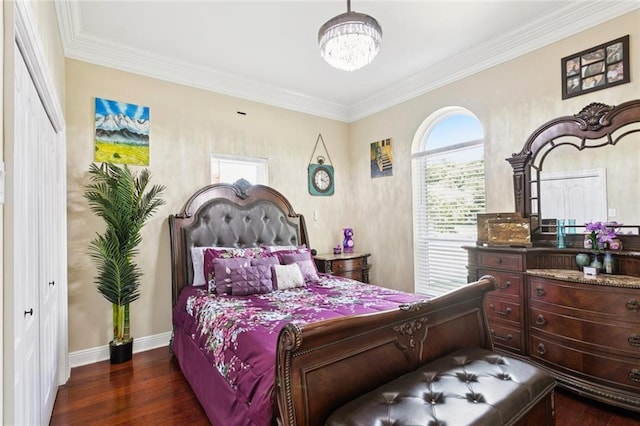 299 Sarah Victoria Dr, Belle Chasse, LA 70037 - bedroom with dark wood-style floors, a chandelier, and ornamental molding