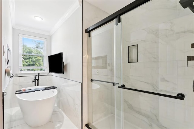 299 Sarah Victoria Dr, Belle Chasse, LA 70037 - full bathroom featuring crown molding, a marble finish shower, a freestanding tub, a wainscoted wall, and tile walls