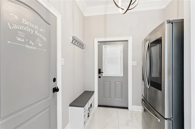 299 Sarah Victoria Dr, Belle Chasse, LA 70037 - mudroom with crown molding and light marble finish flooring