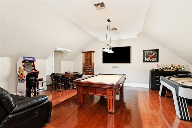 299 Sarah Victoria Dr, Belle Chasse, LA 70037 - rec room with vaulted ceiling, dark wood finished floors, a bar, and billiards