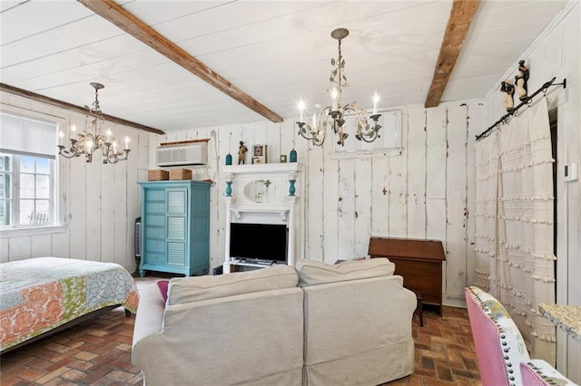 718 Ursulines Ave Unit D, New Orleans, LA 70116 - bedroom featuring a chandelier, brick floors, wood walls, beam ceiling, and a wall mounted AC