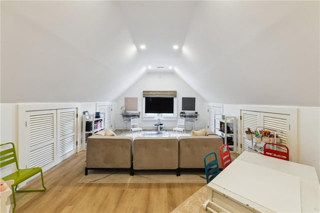 639 Esplanade Ave, New Orleans, LA 70116 - office with light wood-type flooring, vaulted ceiling, and recessed lighting