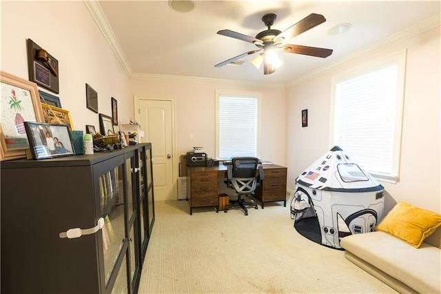 6640 Louisville St, New Orleans, LA 70124 - office area featuring light colored carpet, ornamental molding, and a ceiling fan