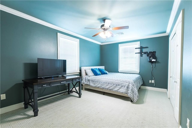 6640 Louisville St, New Orleans, LA 70124 - carpeted bedroom with crown molding and a ceiling fan