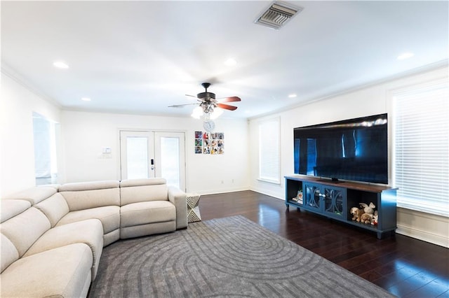 6640 Louisville St, New Orleans, LA 70124 - living area with wood finished floors, ceiling fan, recessed lighting, crown molding, and plenty of natural light