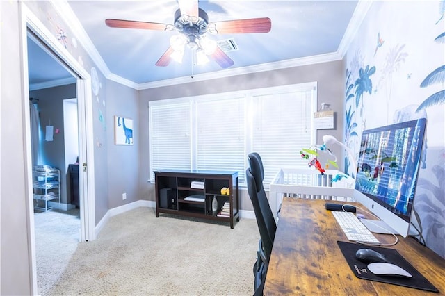 6640 Louisville St, New Orleans, LA 70124 - carpeted office featuring a ceiling fan and crown molding