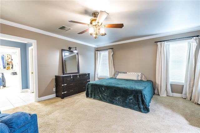 6640 Louisville St, New Orleans, LA 70124 - carpeted bedroom featuring crown molding, a ceiling fan, and tile patterned flooring