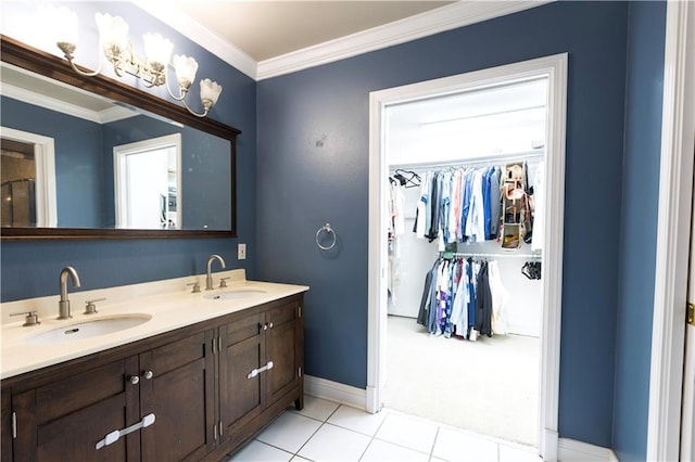 6640 Louisville St, New Orleans, LA 70124 - full bath featuring tile patterned floors, double vanity, crown molding, a walk in closet, and an enclosed shower