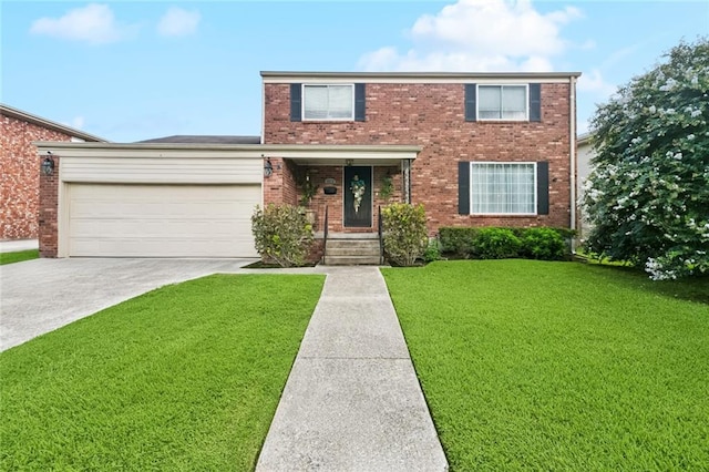 4519 Bancroft Dr, New Orleans, LA 70122 - view of front facade featuring a front yard, brick siding, driveway, and a garage