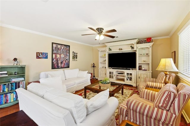 4519 Bancroft Dr, New Orleans, LA 70122 - living area featuring a ceiling fan, crown molding, and wood finished floors