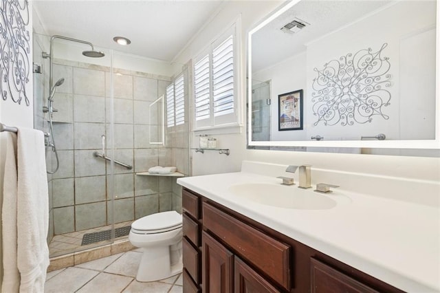 4519 Bancroft Dr, New Orleans, LA 70122 - bathroom with vanity, a shower stall, tile patterned flooring, and crown molding