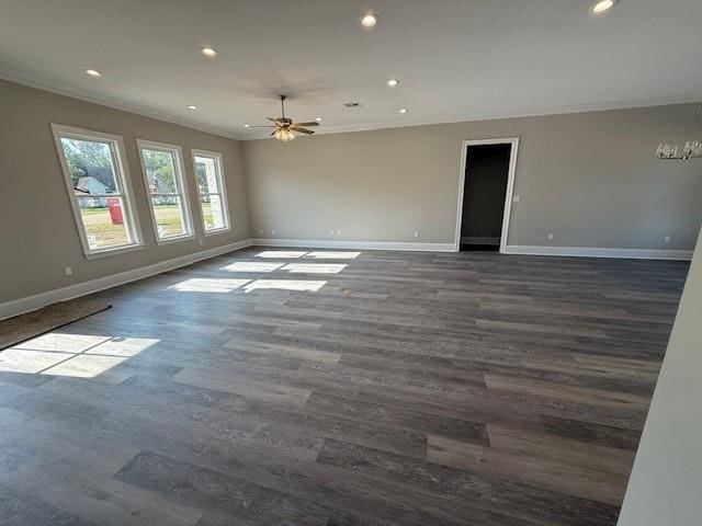 53357 Phillips Path, Loranger, LA 70446 - empty room featuring ornamental molding, dark wood-style floors, ceiling fan, recessed lighting, and a chandelier