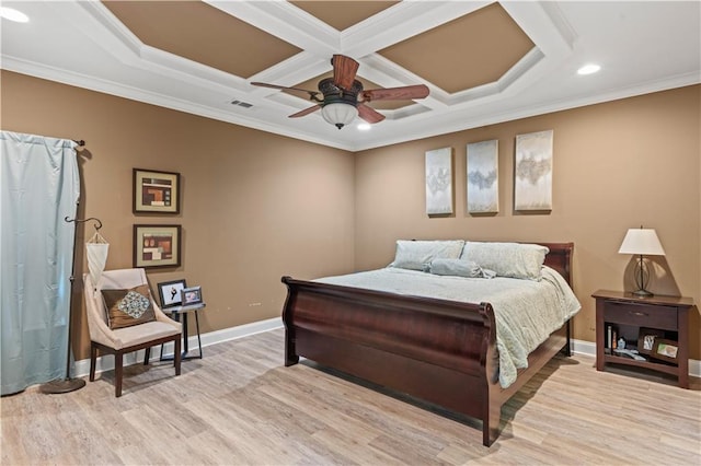 1521 Rue De Fontaine, Covington, LA 70433 - bedroom with wood finished floors, ornamental molding, recessed lighting, coffered ceiling, and ceiling fan
