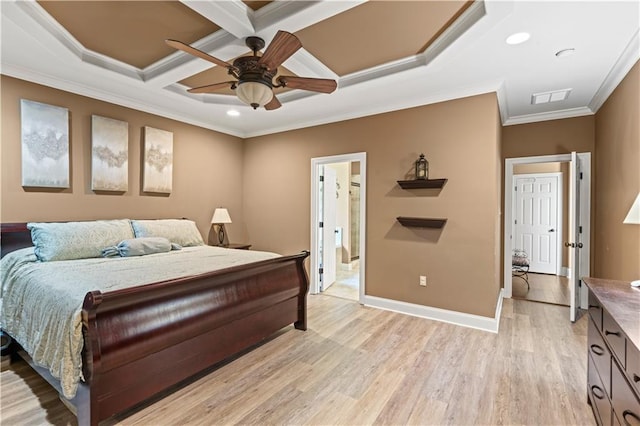 1521 Rue De Fontaine, Covington, LA 70433 - bedroom with ornamental molding, light wood-style flooring, coffered ceiling, recessed lighting, and ensuite bath