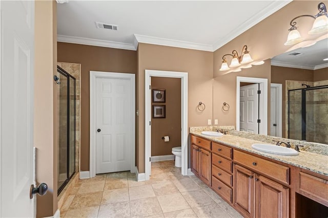 1521 Rue De Fontaine, Covington, LA 70433 - bathroom featuring double vanity, a stall shower, and crown molding
