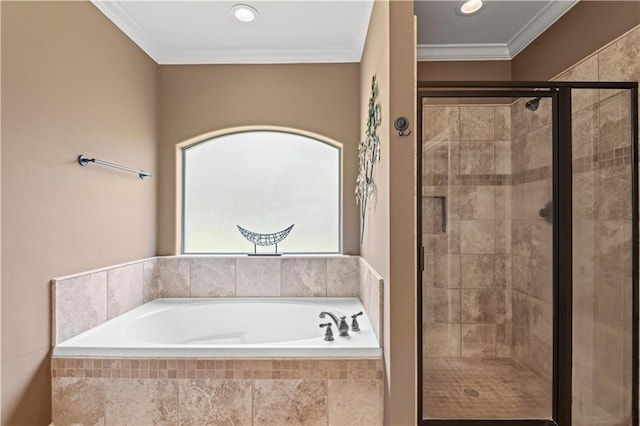 1521 Rue De Fontaine, Covington, LA 70433 - bathroom featuring a garden tub, a stall shower, and ornamental molding
