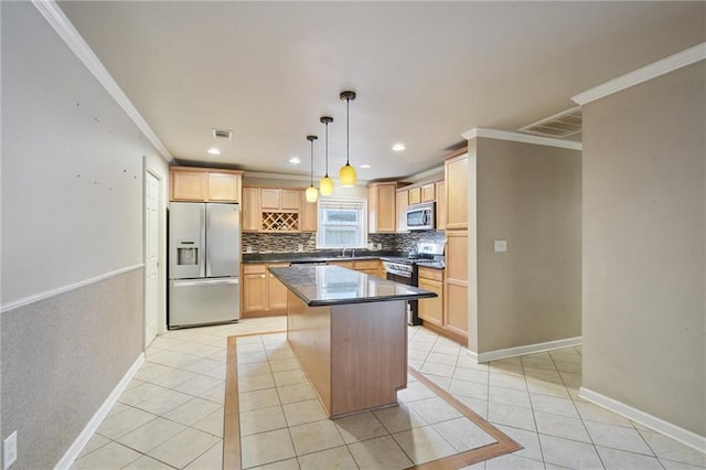 2636 Somerset Dr, New Orleans, LA 70131 - kitchen with appliances with stainless steel finishes, backsplash, dark countertops, light tile patterned floors, and crown molding