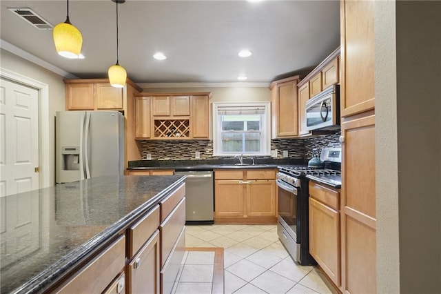 2636 Somerset Dr, New Orleans, LA 70131 - kitchen featuring appliances with stainless steel finishes, crown molding, decorative backsplash, light tile patterned floors, and pendant lighting