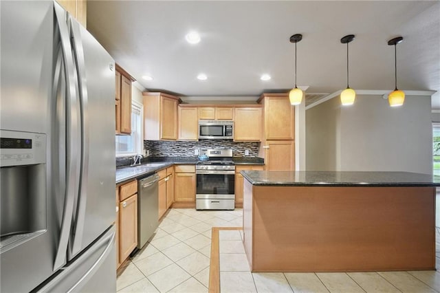 2636 Somerset Dr, New Orleans, LA 70131 - kitchen featuring stainless steel appliances, ornamental molding, light tile patterned flooring, backsplash, and a center island