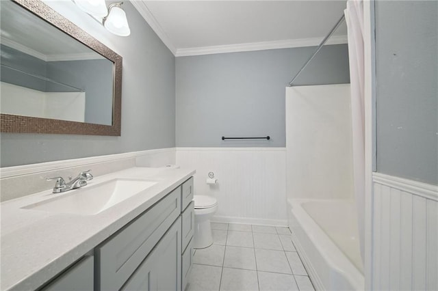 2636 Somerset Dr, New Orleans, LA 70131 - full bathroom with vanity, a wainscoted wall, ornamental molding, tile patterned floors, and shower / bath combination with curtain