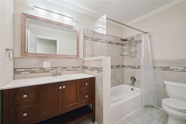 2636 Somerset Dr, New Orleans, LA 70131 - full bathroom with tile walls, shower / bath combo with shower curtain, vanity, tile patterned flooring, and crown molding