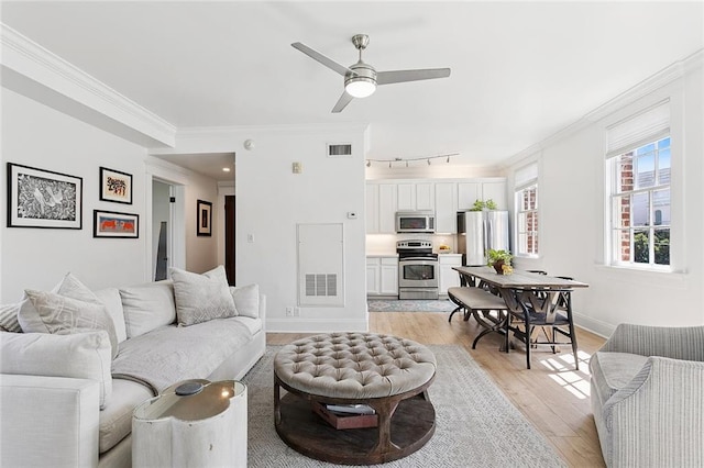 1783 Coliseum St Unit H, New Orleans, LA 70130 - living area with light wood-type flooring, crown molding, a ceiling fan, and rail lighting