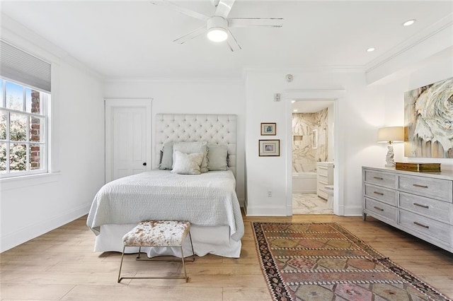 1783 Coliseum St Unit H, New Orleans, LA 70130 - bedroom with crown molding, light wood-style floors, ensuite bath, and ceiling fan