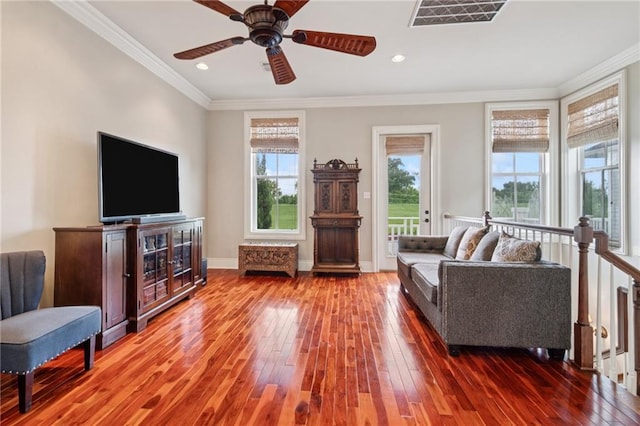 125 Broadway St, New Orleans, LA 70118 - living room featuring hardwood / wood-style floors, ornamental molding, a ceiling fan, and recessed lighting