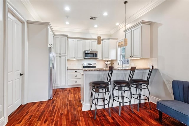 125 Broadway St, New Orleans, LA 70118 - kitchen with stainless steel appliances, a peninsula, dark wood-style flooring, light stone countertops, and a kitchen bar