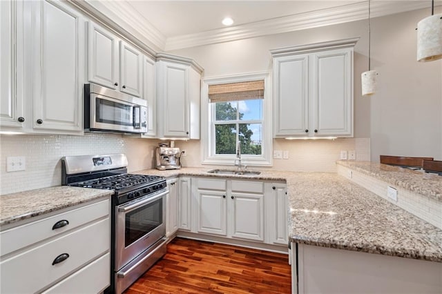 125 Broadway St, New Orleans, LA 70118 - kitchen with appliances with stainless steel finishes, crown molding, dark wood-style flooring, light stone counters, and white cabinetry