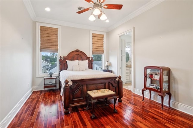 125 Broadway St, New Orleans, LA 70118 - bedroom featuring dark wood-style flooring, ornamental molding, ceiling fan, recessed lighting, and connected bathroom