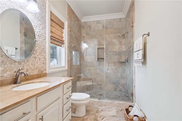 125 Broadway St, New Orleans, LA 70118 - bathroom with crown molding, vanity, a stall shower, and tasteful backsplash
