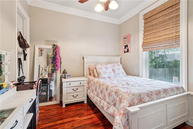 125 Broadway St, New Orleans, LA 70118 - bedroom with ornamental molding, dark wood-style floors, and a ceiling fan
