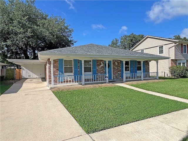 6012 Bridget St, Metairie, LA 70003 - ranch-style house featuring a porch, concrete driveway, brick siding, and a carport